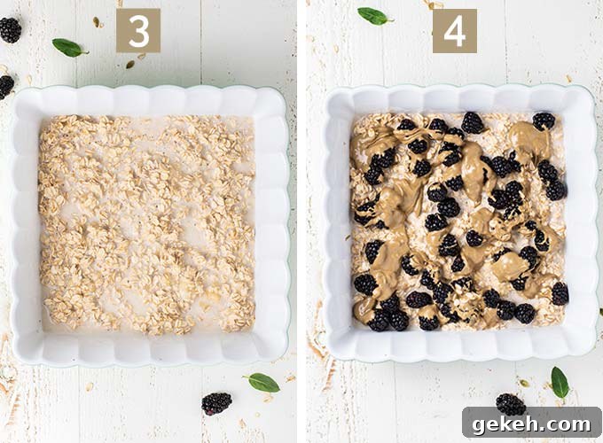 Images showing steps 3 and 4, layering oatmeal, blackberries, and sunflower seed butter in a baking dish.