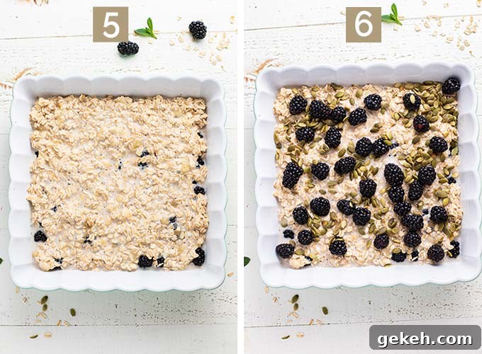 Two images that show steps 5 and 6, layering the oatmeal mixture and blackberries in the pan.