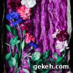 Beet Focaccia: Vibrant No-Knead Magenta Bread Recipe 13 raw focaccia dough in a baking pan topped with edible flowers and herbs; overhead shot.