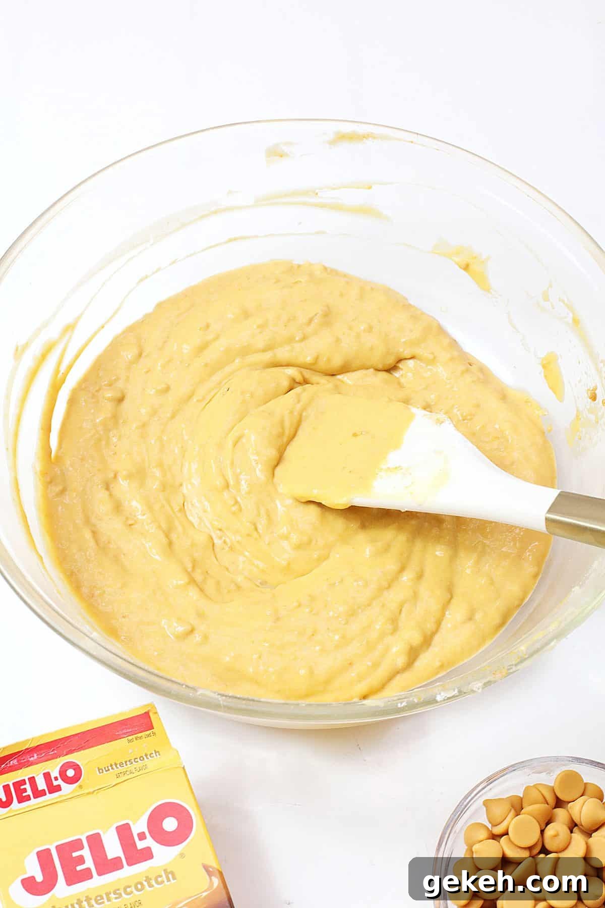 butterscotch pudding in a large glass mixing bowl