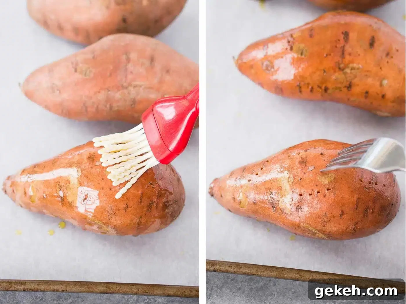 Crispy-Roasted Sweet Potatoes with Garlic and Herbs 5 brushing sweet potatoes with oil on a baking sheet and poking with a fork