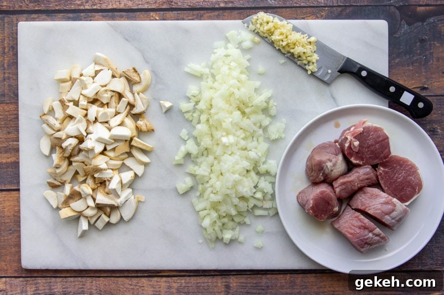 Seared Pork Tenderloin with Creamy Mushroom Sauce 4 ingredients prepped for the pork in mushroom sauce