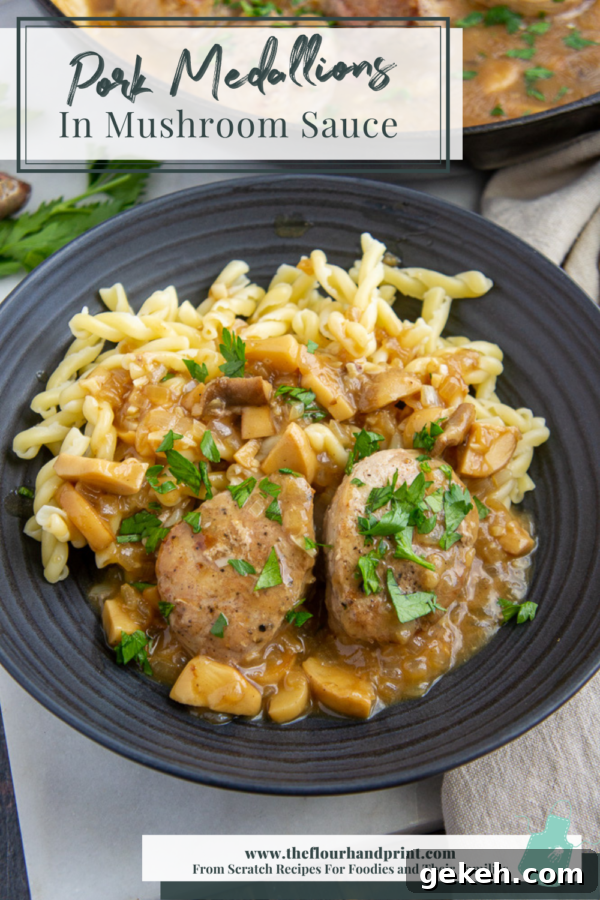 Seared Pork Tenderloin with Creamy Mushroom Sauce 6 pork medallions with mushroom sauce over noodles