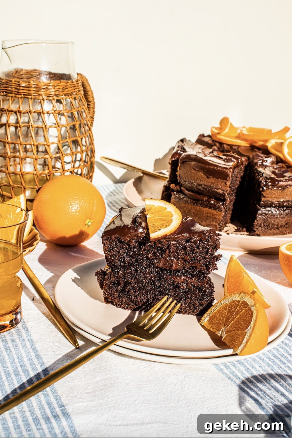 Decadent Chocolate Orange Cake Recipe 3 a slice of chocolate orange cake on a pink plate with a gold fork