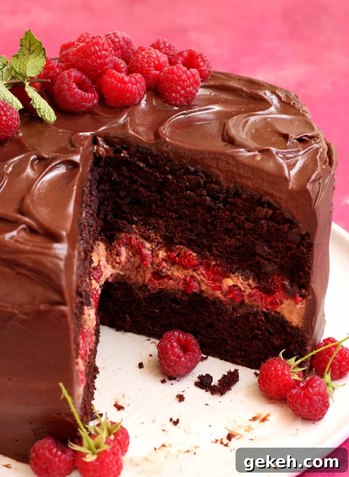 chocolate raspberry cake sliced