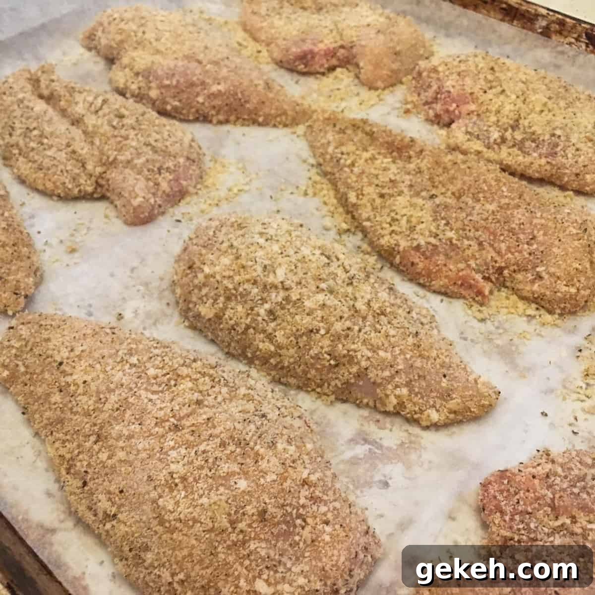 Raw chicken breast coated with bread crumbs on a baking sheet.