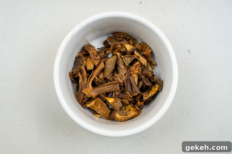 Prepping the dried porcinis