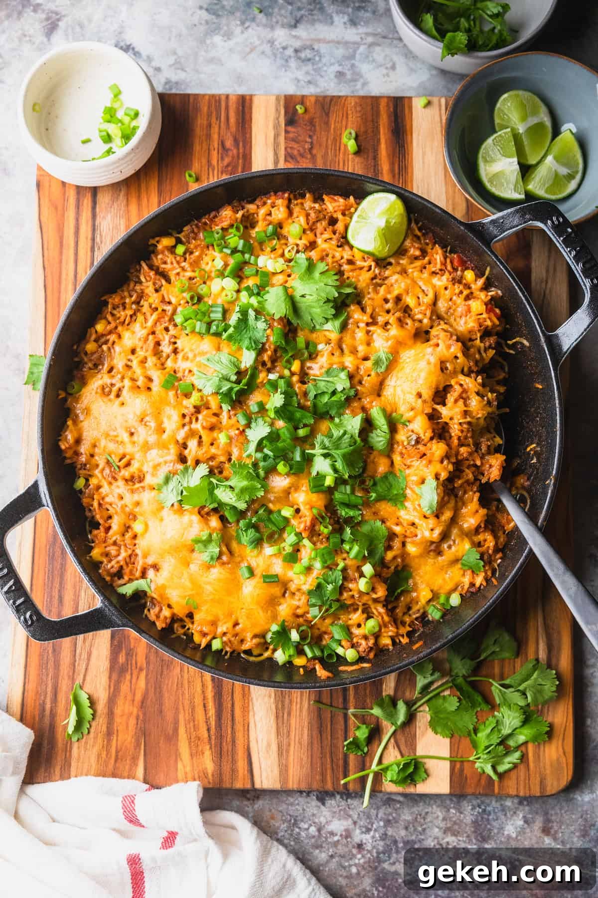 Savory Ground Beef and Salsa Rice Skillet Recipe 2 Ground beef salsa rice prepared in a skillet with garnishes.