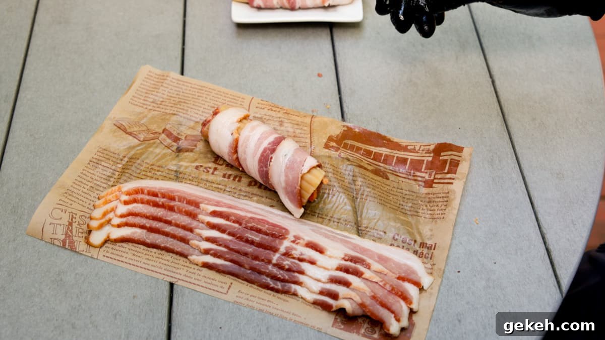 Bacon on table with a pasta shell wrapped with a piece of bacon.
