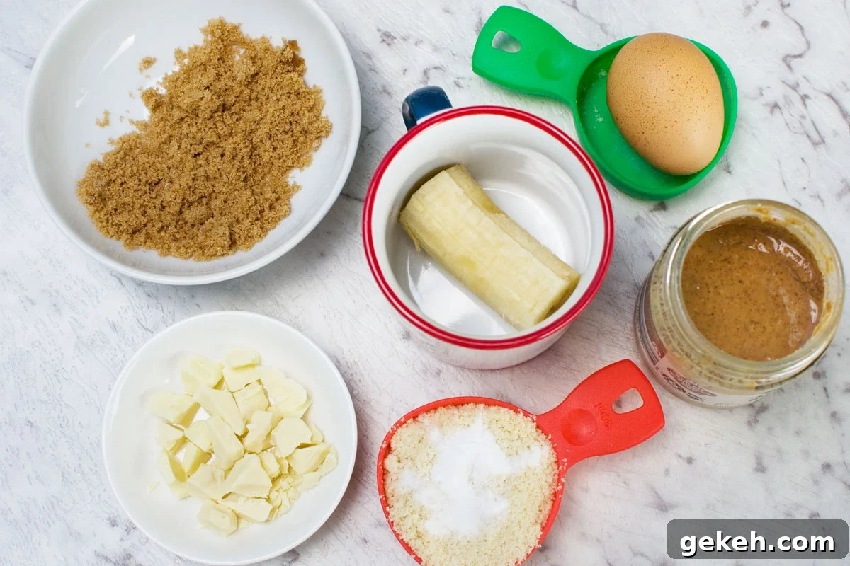 Gluten-Free Banana Mug Cake Recipe You Can Make in Minutes 3 Ingredients to make a gluten free mug cake with banana, almond and white chocolate: brown sugar, 1/2 a banana, white chocolate, almond flour and baking soda, almond butter and an egg