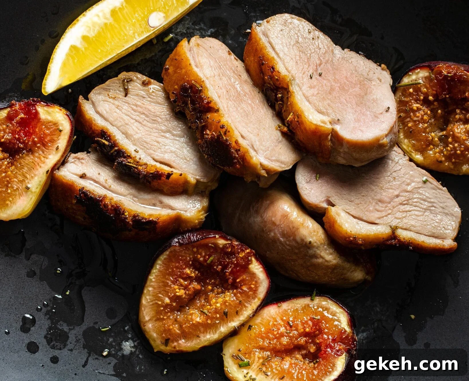 figs and seared duck breasts sliced