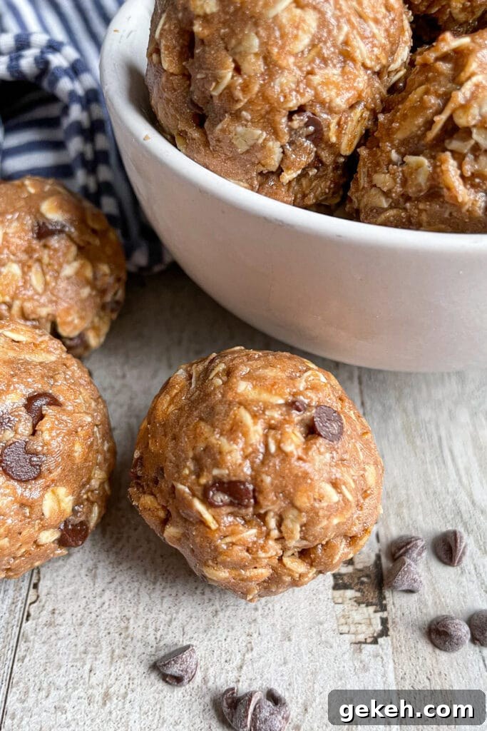Easy chocolate peanut butter protein balls served in a bowl with chocolate chips on the side