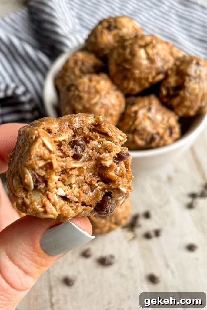 Close up photo of chocolate peanut butter protein balls with a bite taken out of it