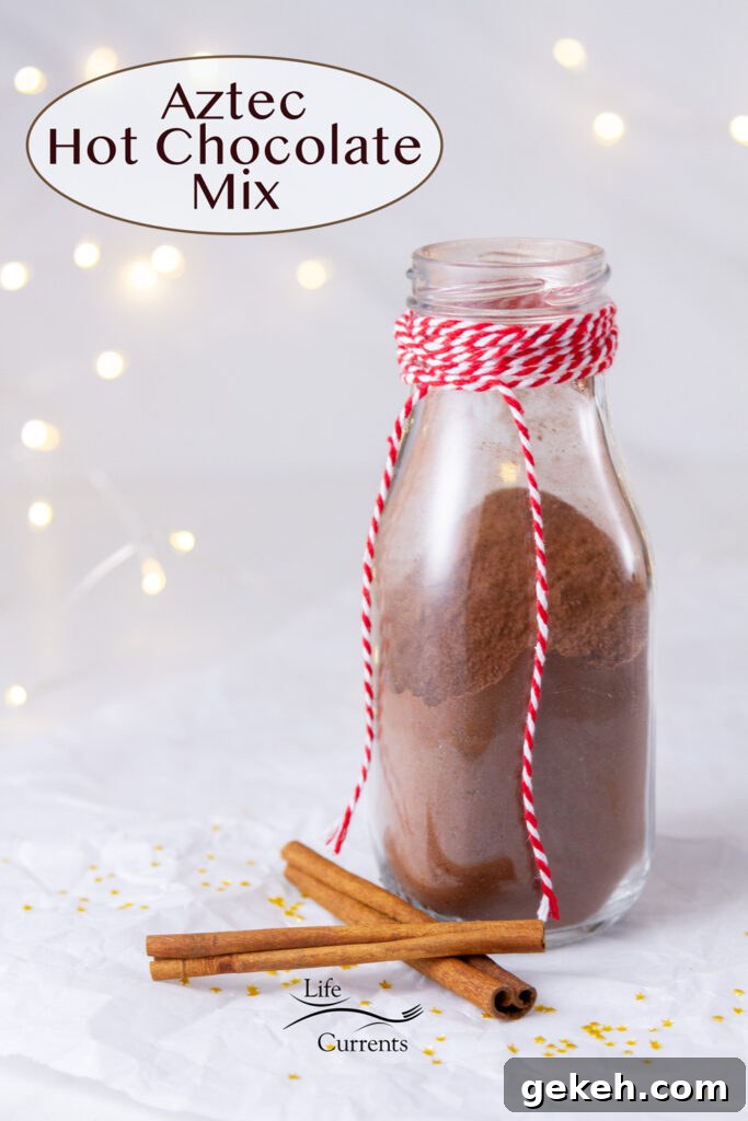 Aztec Hot Chocolate mix in a glass jar with a red ribbon, cinnamon sticks, and twinkle lights.