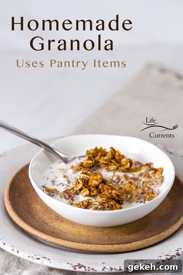 Homemade Granola Recipe served like cereal in a bowl with milk and a spoon - white bowl, brown plate, white plate, grey napkin, plus title