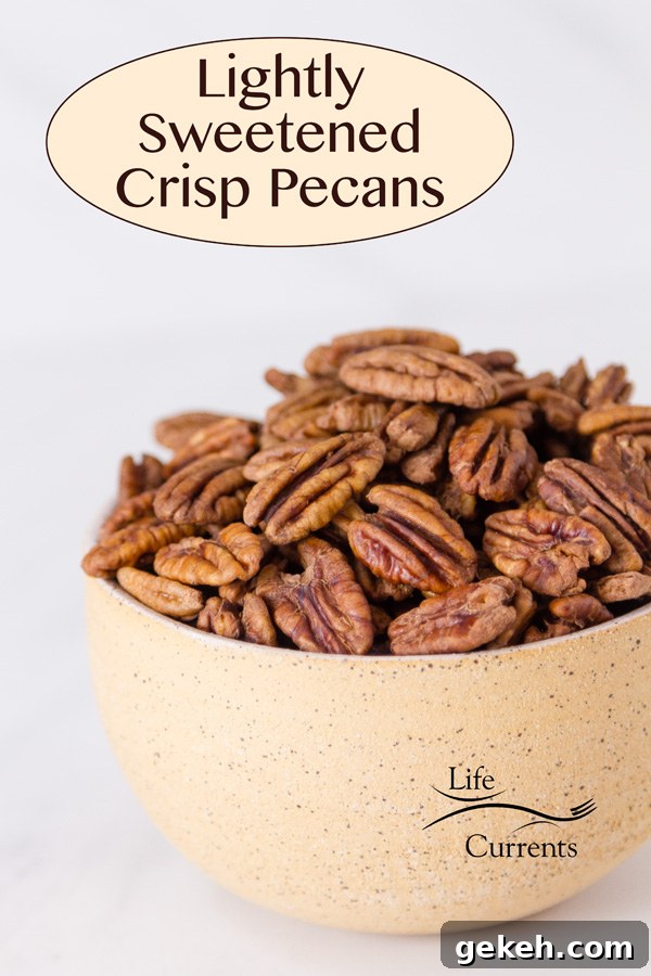 Lightly Sweetened Candied Crisp Pecans in a bowl with title and logo on the image