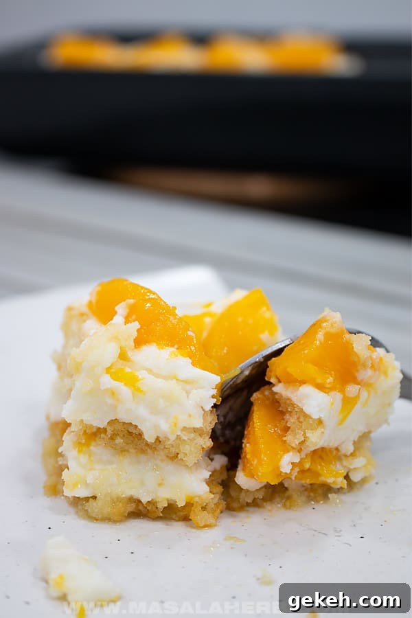 15+ Delicious Canned Peach Recipes for Every Meal 9 fork cutting into peach tiramisu.