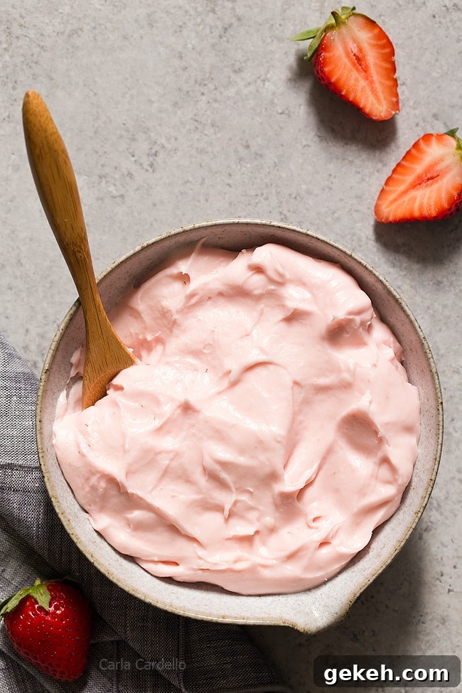 Strawberry Cream Cheese Frosting Recipe for Cakes & Cupcakes 2 Bowl of pink strawberry cream cheese frosting