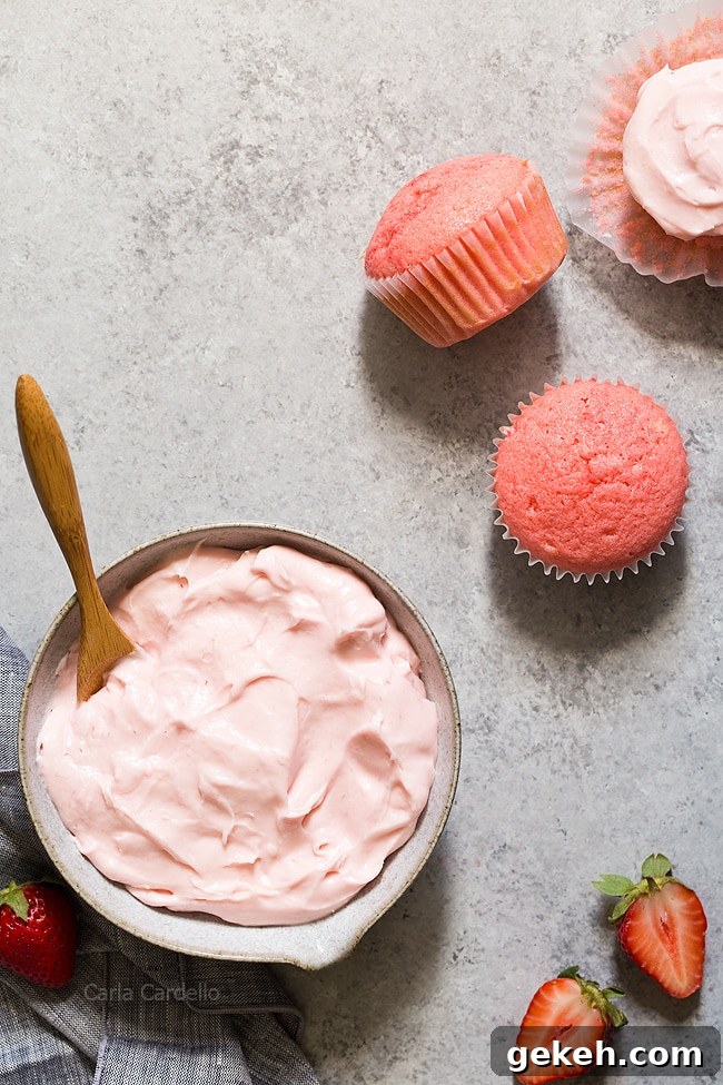Strawberry Cream Cheese Frosting Recipe for Cakes & Cupcakes 3 Strawberry Cream Cheese Frosting with Strawberry Cupcakes