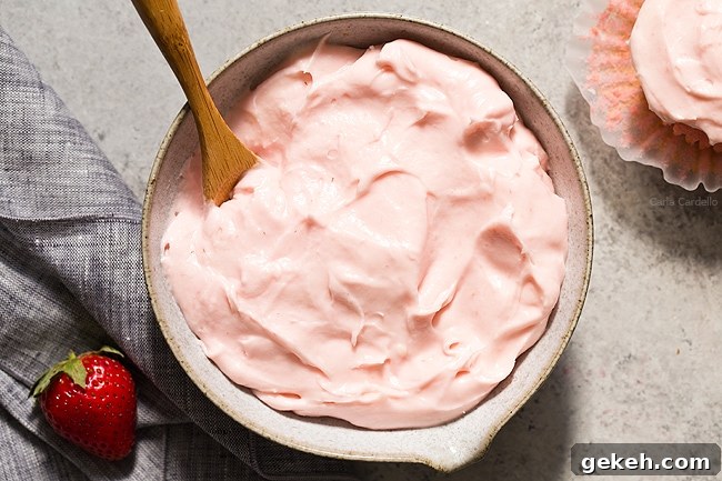 Strawberry Cream Cheese Frosting Recipe for Cakes & Cupcakes 7 Close up Strawberry Cream Cheese Frosting