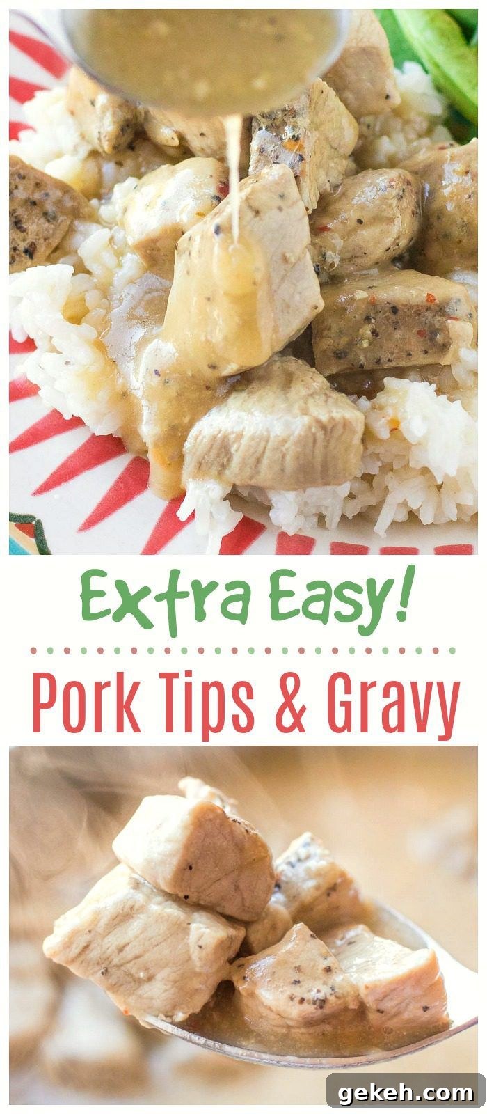 Four-ingredient Pork Tips with Gravy might be my favorite pork recipe ever, and that's saying a lot! This meal is so simple and delicious that you'll want to put it on your menu every week. #pork #gravy #easydinner