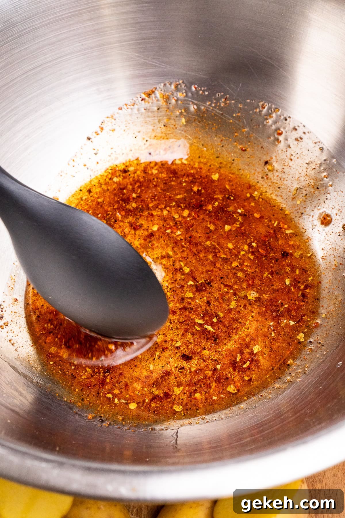 Crispy Air-Fried Baby Potatoes Recipe 15 Mixing the piri piri seasoning and olive oil together in a large silver mixing bowl using a black rubber spoon