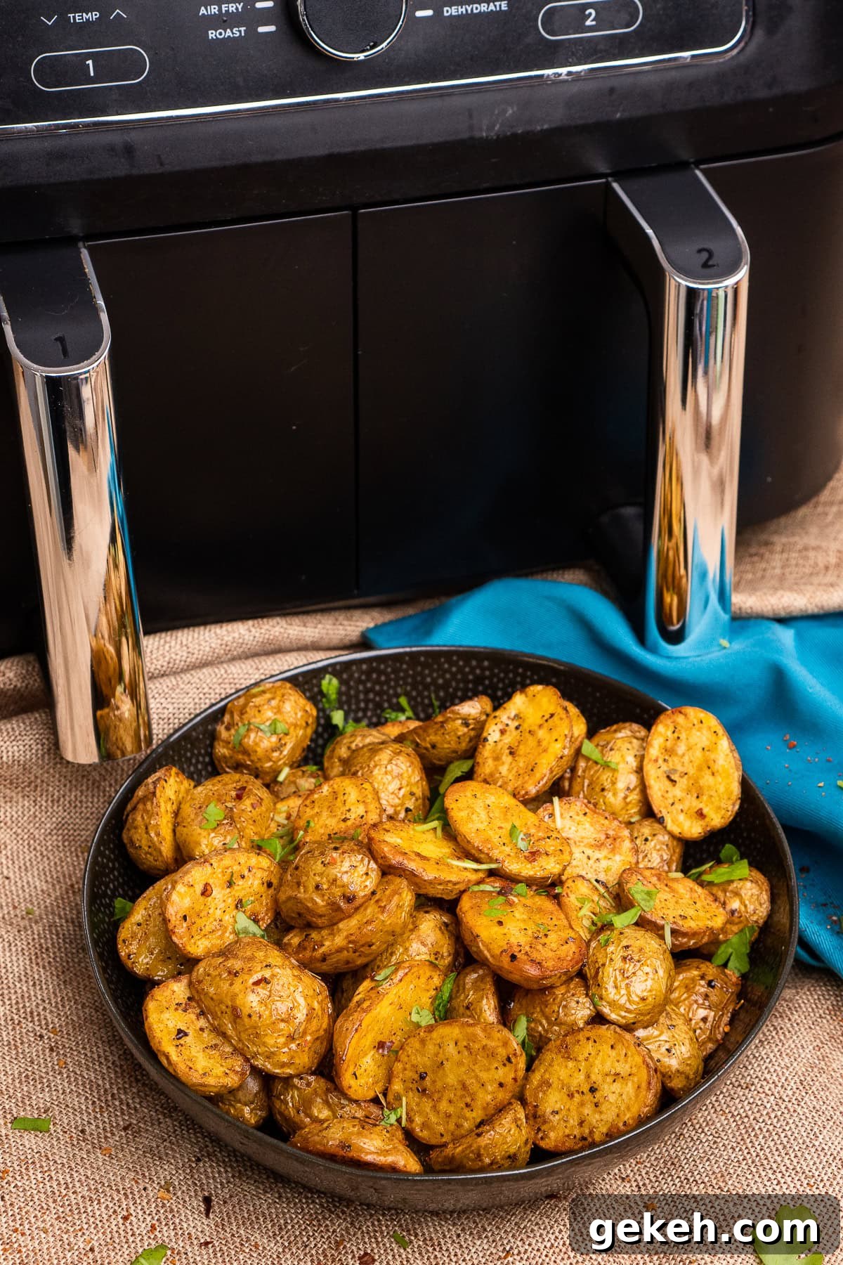 Crispy Air-Fried Baby Potatoes Recipe 19 Air Fryer Baby Potatoes served in a black bowl with fresh chopped parsley sprinkled over the top and a ninja air fryer in the background