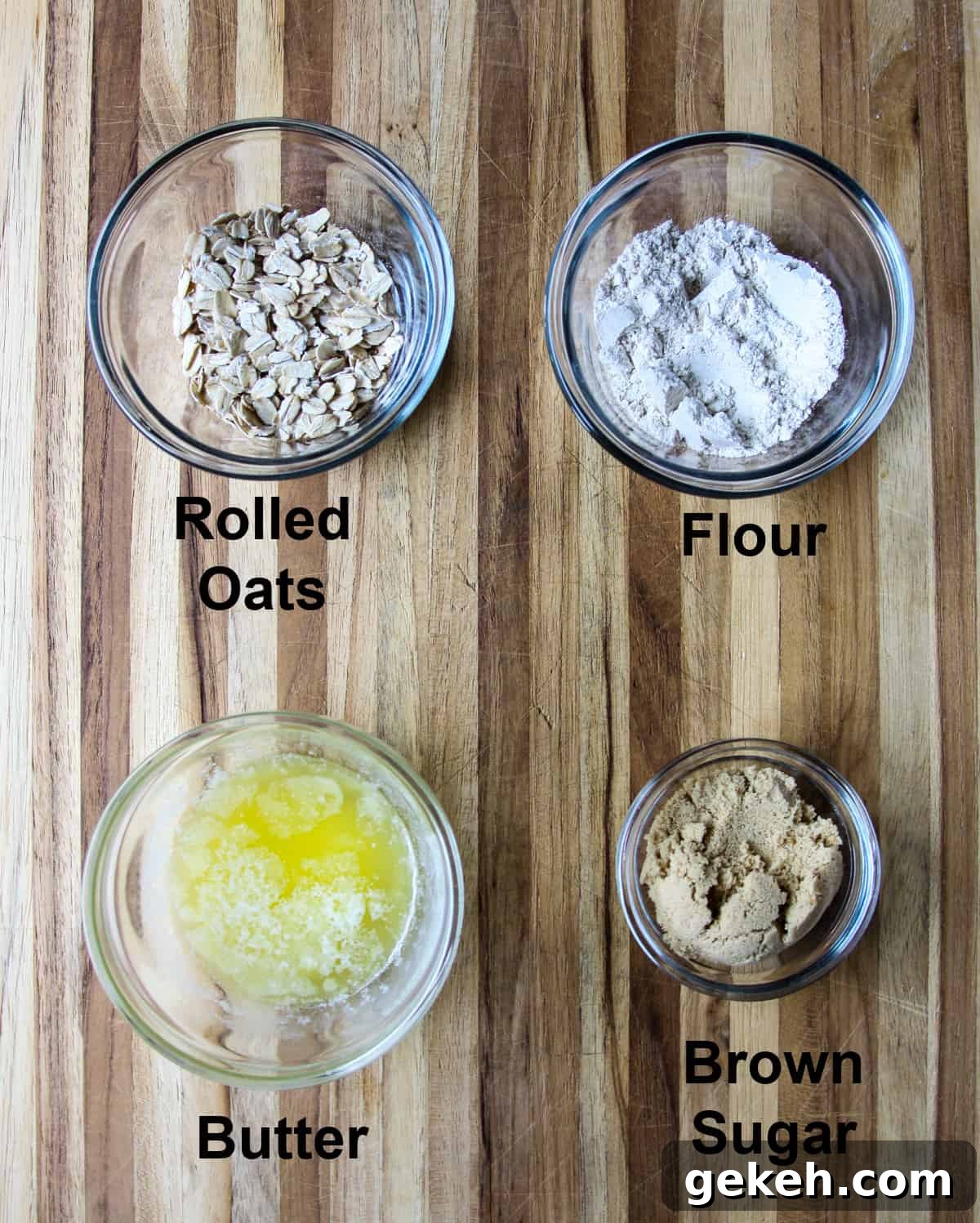 The ingredients for the apple crisp topping, in glass bowls.