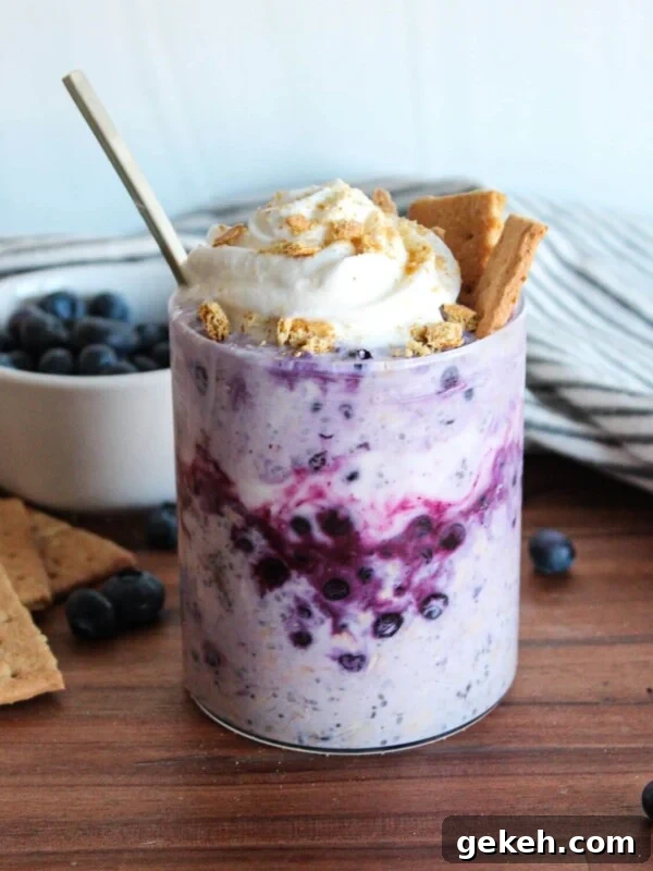 Blueberry cheesecake overnight oats topped with whipped cream and graham crackers.