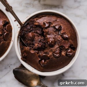 Chocolate baked oats in a white ramekin.