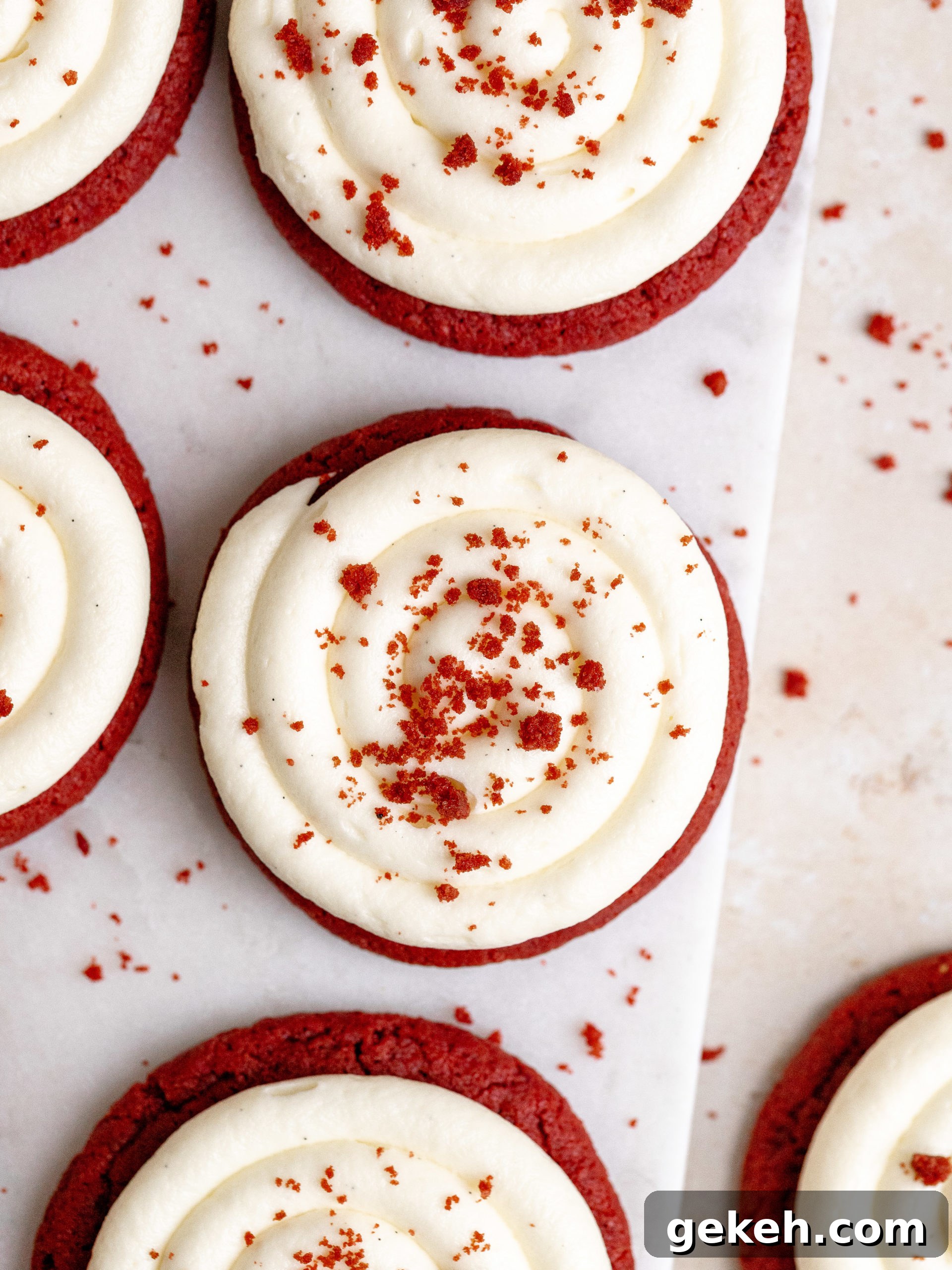 Close up of frosted red velvet cookies