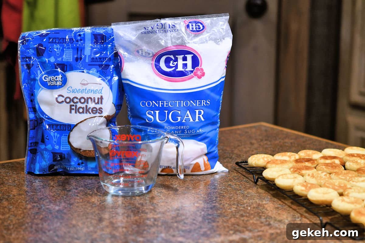 coconut flakes and powdered sugar on a countertop.