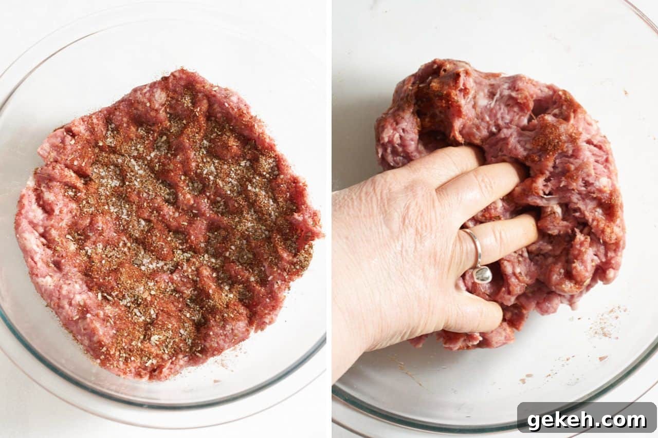 Juicy Ground Lamb Burgers with Creamy Feta Sauce 4 Two photos side by side, on the left, ground lamb topped with spices, on the right, a woman's hand mixing the seasoning into the meat.