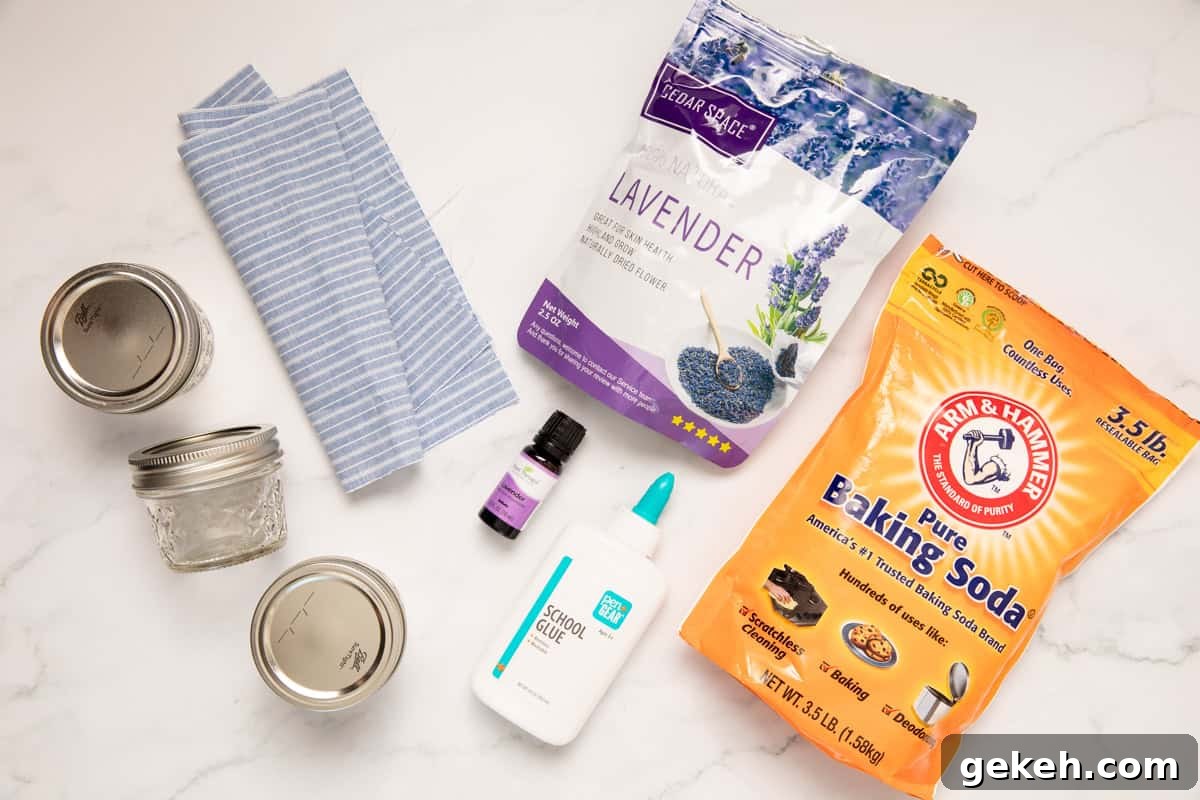 DIY Baking Soda Air Freshener with Natural Scents 3 Lavender essential oil. baking soda, lavender buds, school glue, mason jars and fabric