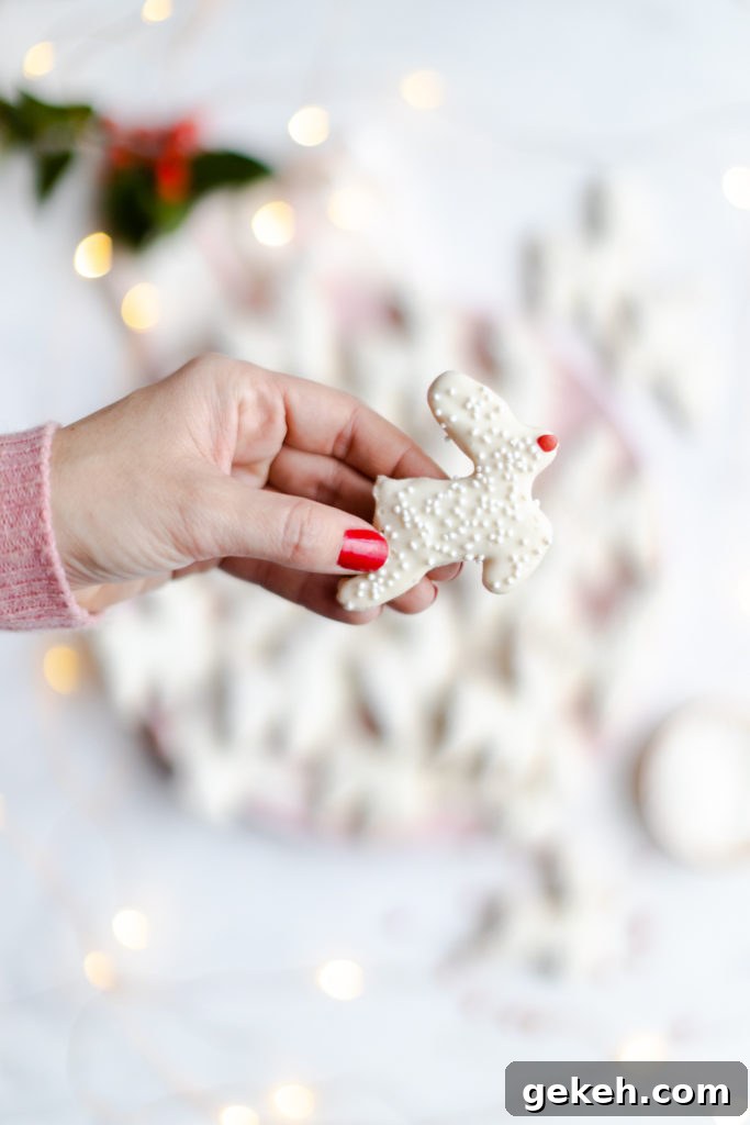 Festive Reindeer Cookies Recipe for Holiday Parties 25 Reindeer Animal Cookie in hand, close up with cookies and holiday lights in the background