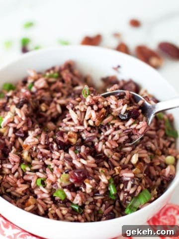 Spoonful of brown and wild rice topped with scallions.