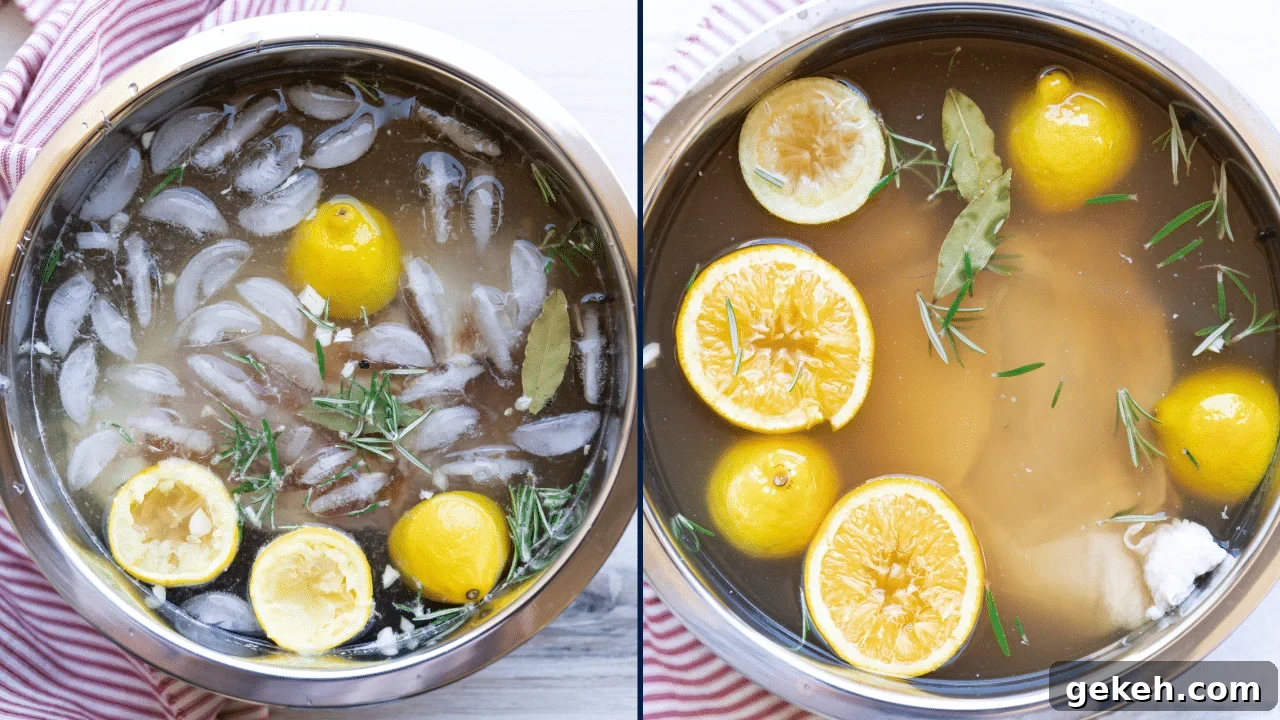 Bowl containing turkey breast and brine ingredients.