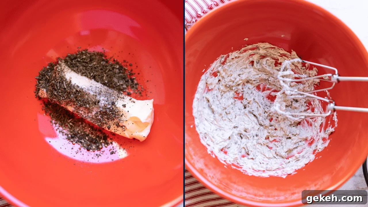 Bowl containing butter, salt, pepper, and rosemary being mixed.