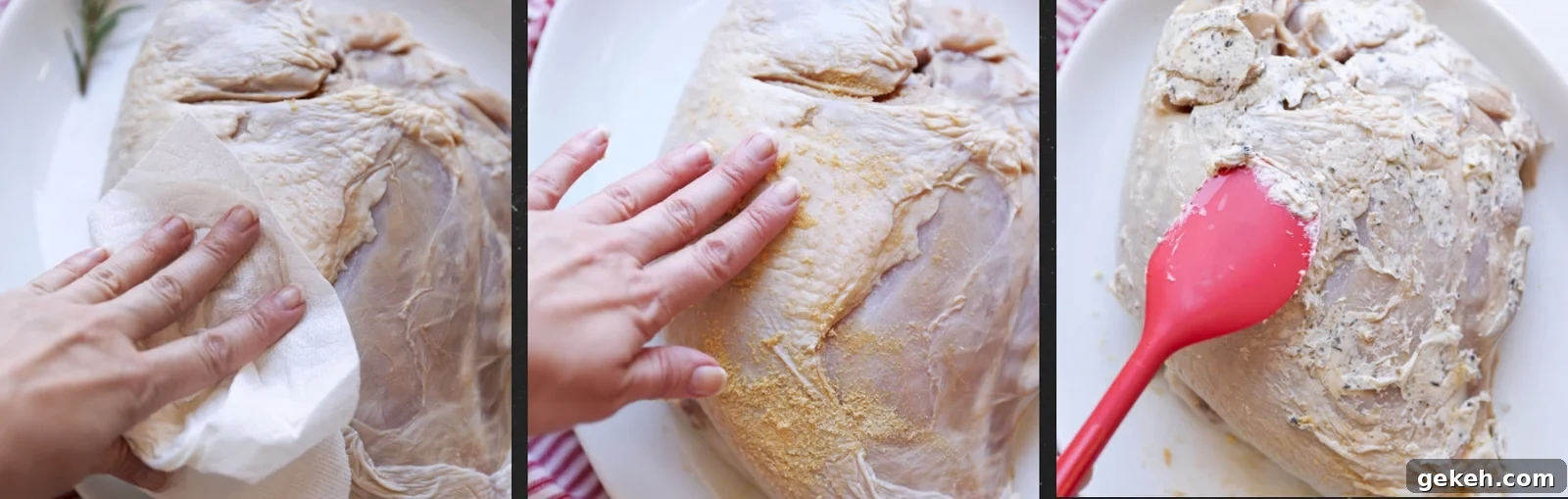Person patting and applying rub and flavored butter to a raw turkey breast.