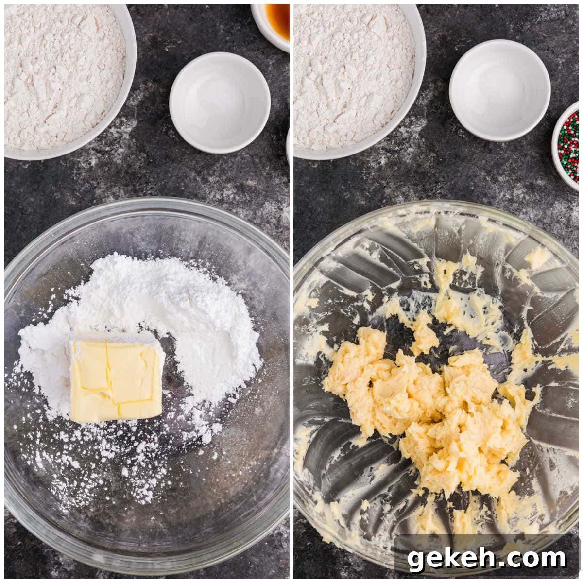 Collage of mixing ingredients in a bowl.