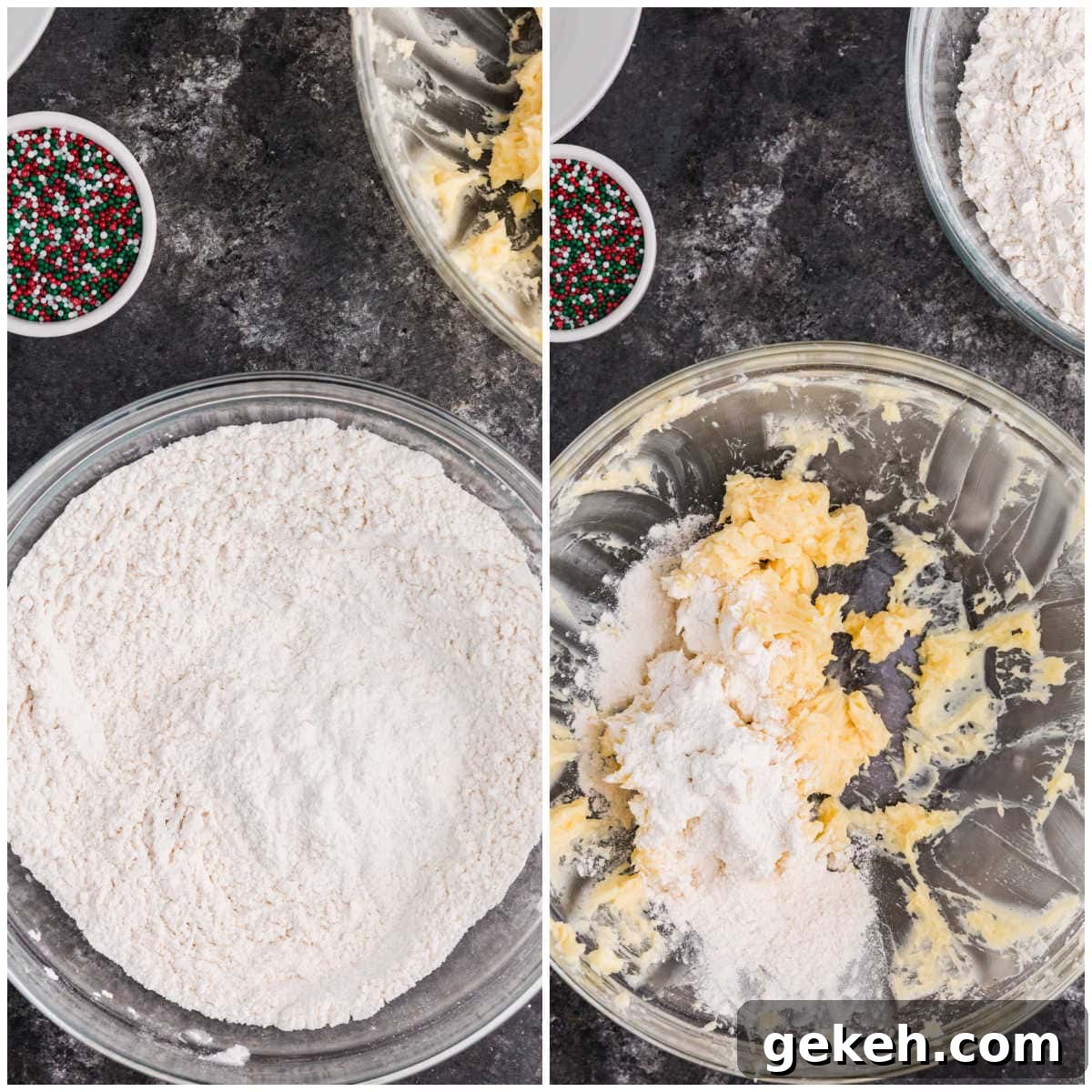 Collage of mixing ingredients in a bowl.
