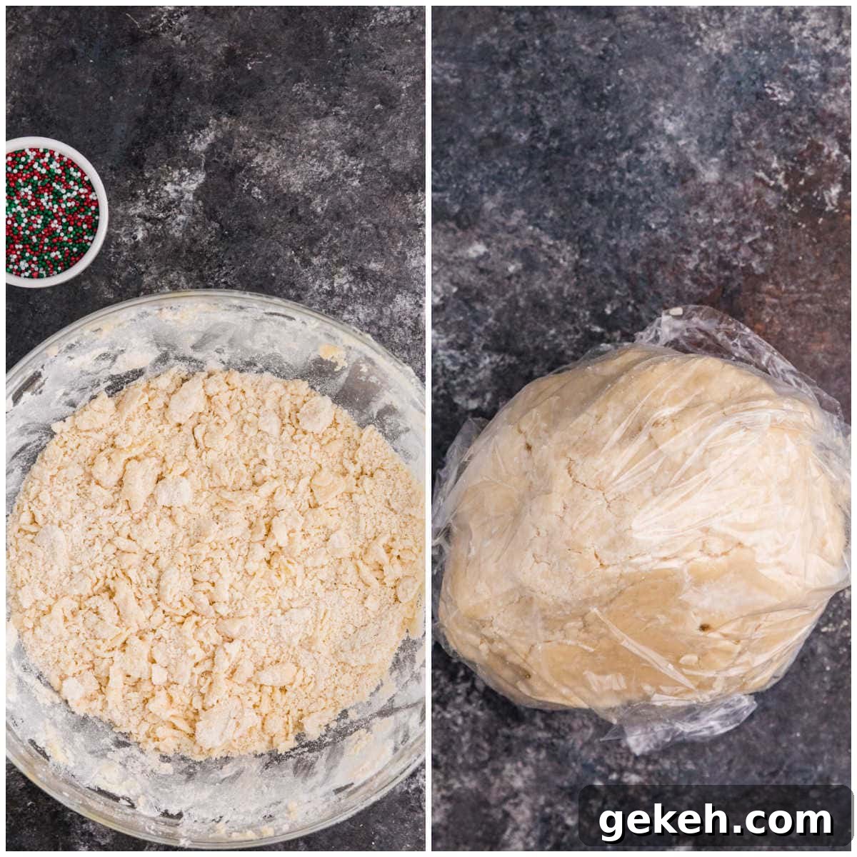 Collage of the dough in a bowl and wrapped in plastic.