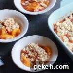 Perfectly Spiced Vegan Peach Cobbler Recipe 7 Vegan Peach Cobbler in baking dish. and in three small bowls