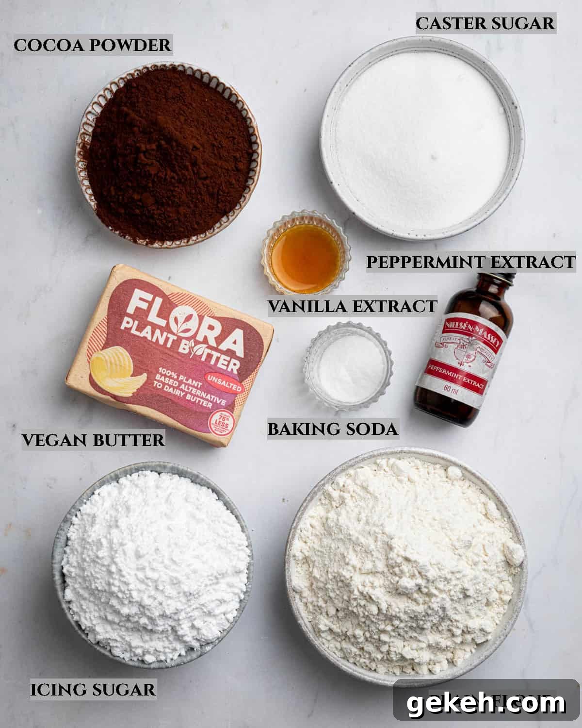 Vegan Mint Chocolate Sandwich Cookies Recipe 3 A labelled photo of the ingredients needed to make vegan mint chocolate sandwich cookies.