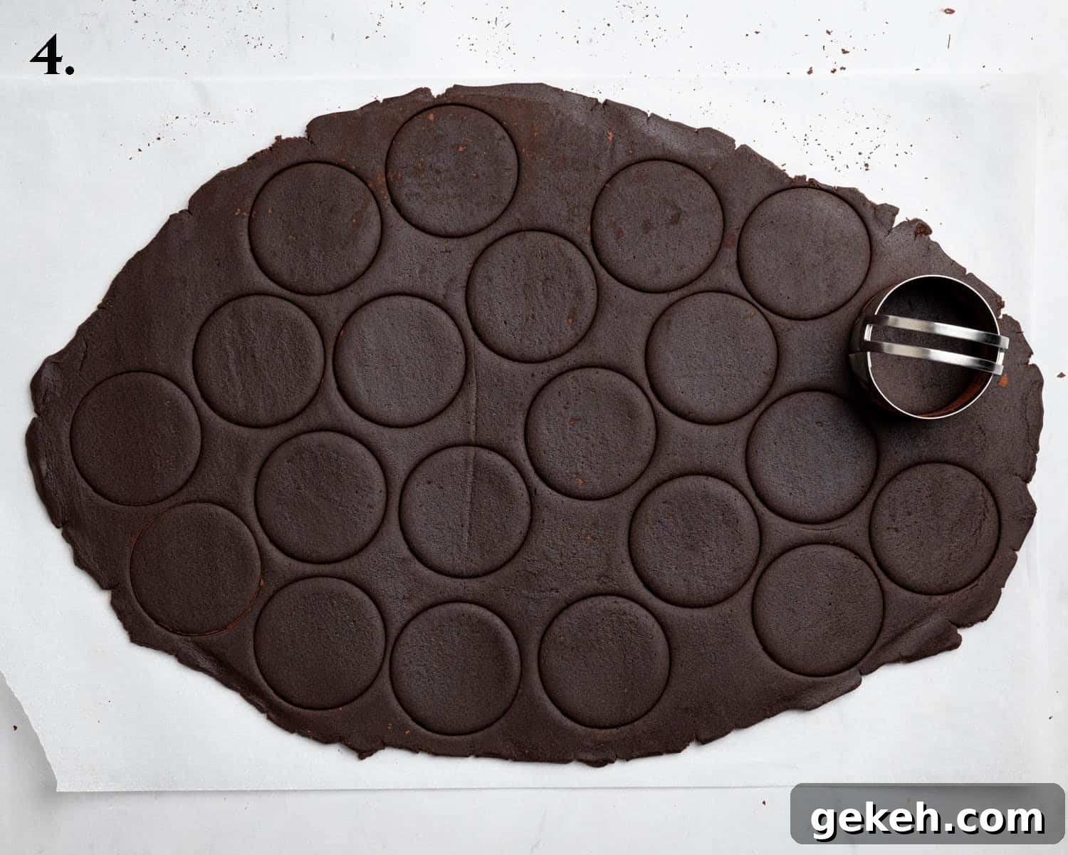 Vegan Mint Chocolate Sandwich Cookies Recipe 8 Step 4, the rolled out dough with rounds cut out.