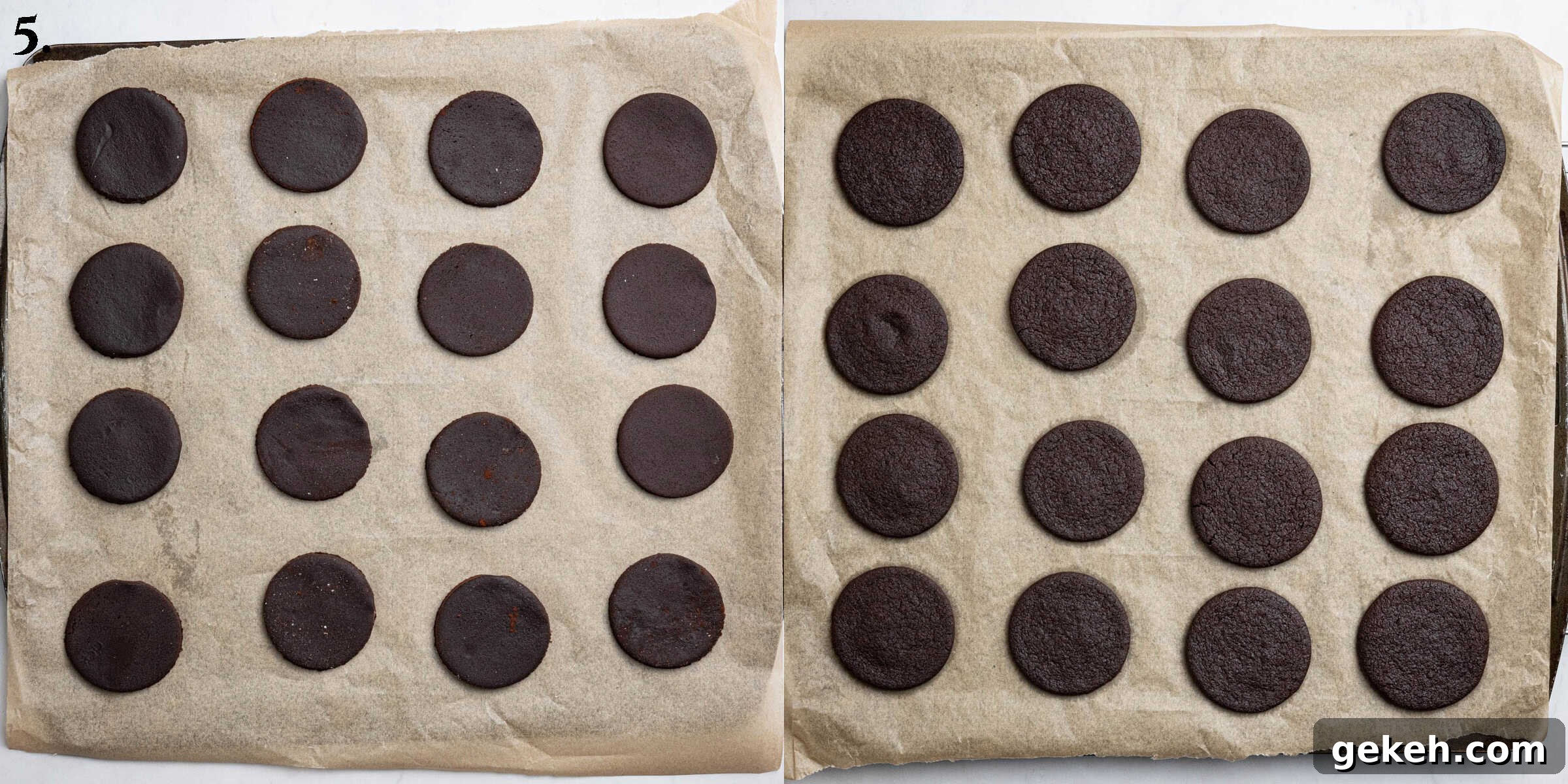 Vegan Mint Chocolate Sandwich Cookies Recipe 9 Step 5, the biscuits before and after baking.