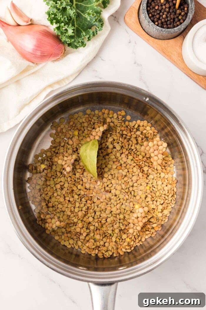 Protein-Packed Lentil and Kale Salad with Lemon Tahini Dressing 4 Green lentils cooking in a pot with a bay leaf.