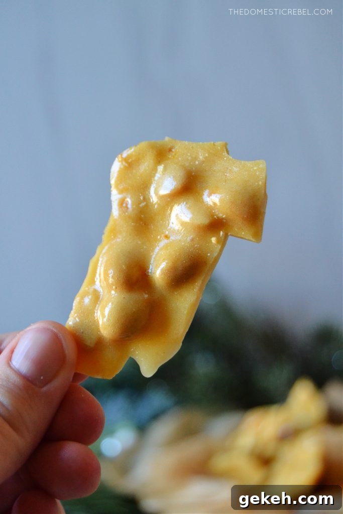 author holding a shard of peanut brittle