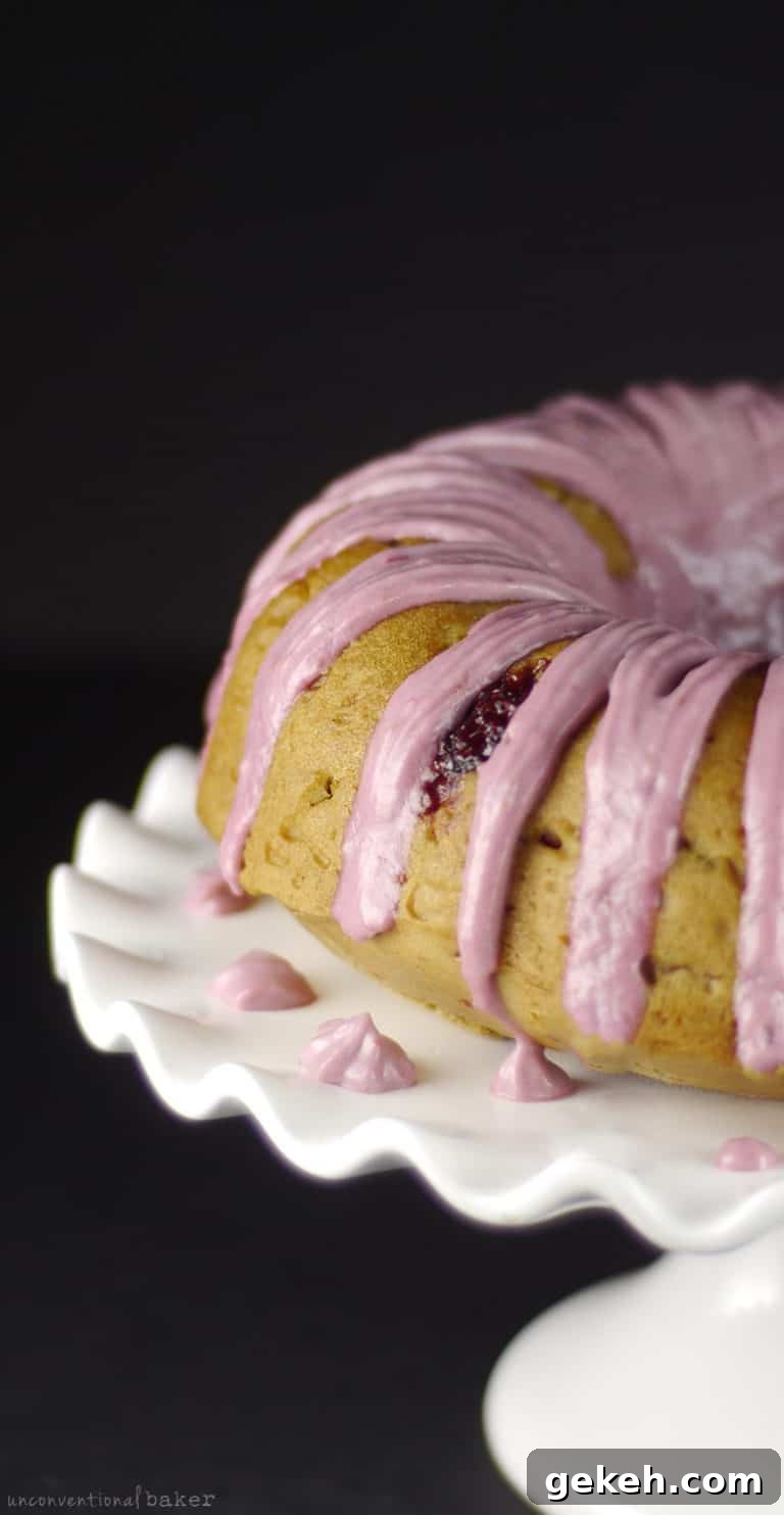 Raspberry Rhubarb Bundt Cake with Raspberry Frosting (Free from: gluten, dairy, eggs, refined sugar, and nuts)