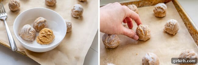 Chewy Peanut Butter Cookie Recipe That Melts in Your Mouth 10 rolling cookie dough balls in sugar and placing on baking sheet.